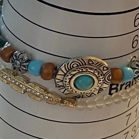 Bohemian paired Beaded Bracelet Set of 2 with Turquoise color and Gold Accents - Picture 2 of 4